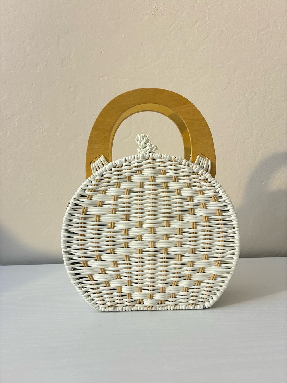 Woven Round Straw Tote with Wooden Handles - White & Natural